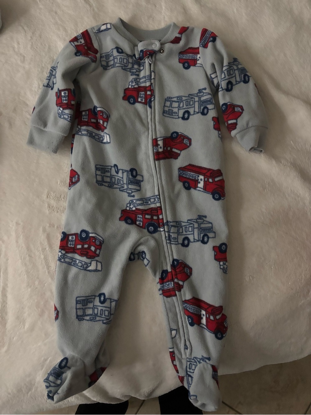 Carter's Light Blue Fleece Footed One-Piece with Red Fire Truck Print